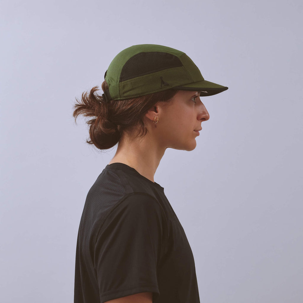 Club Cap - Utility Green / Black — VÅGA running cap — worn, side profile