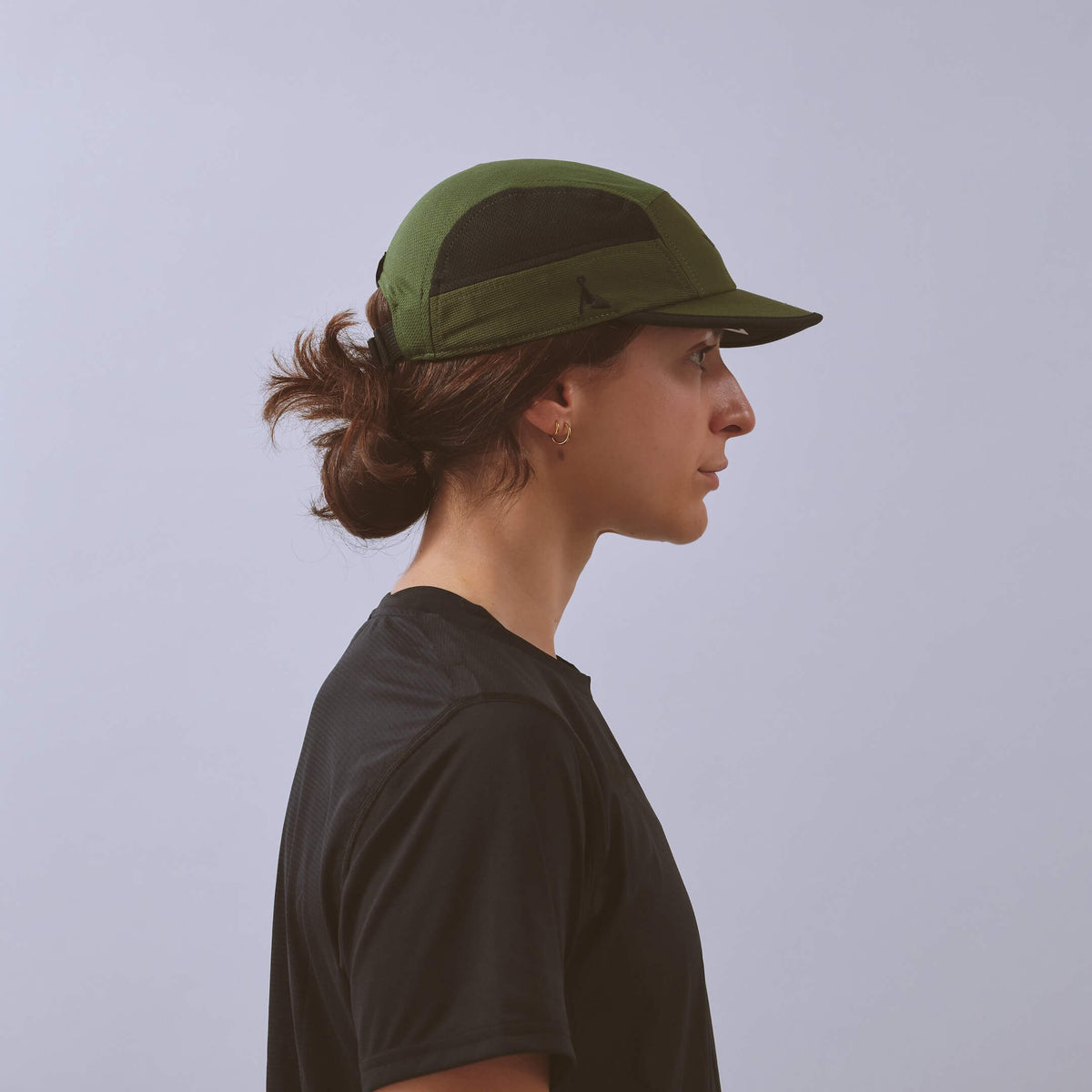 Club Cap - Utility Green / Black — VÅGA running cap — worn, side profile